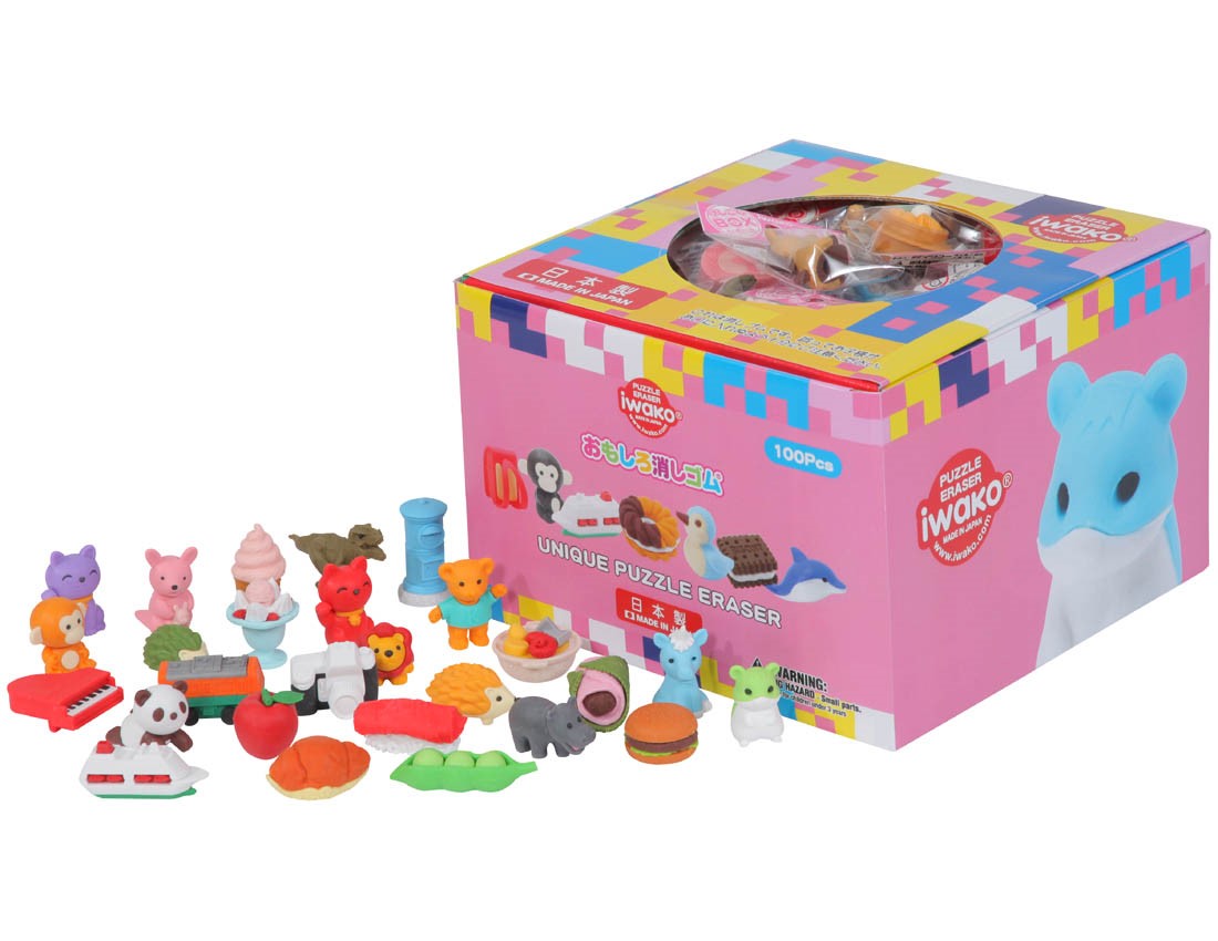 (IWAKO)(ER-COL 003)-made in JAPAN-Erasers in display box (100 pcs) Various Collection(Colors/Designes/Assortments may changed without Notice)